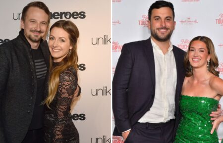 Tanner Tolbert and Jade Roper attend Hallmark's Premiere Screening of Holiday Touchdown: A Chiefs Love Story, Evan Bass and Carly Waddell from TV show The Bachelor take photos on carpet for Unlikely Heroes