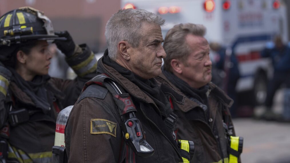 Miranda Rae Mayo as Stella Kidd, Dermot Mulroney as Chief Dom Pascal, Christian Stolte as Randy “Mouch” McHolland — 'Chicago Fire' Season 13 Finale 
