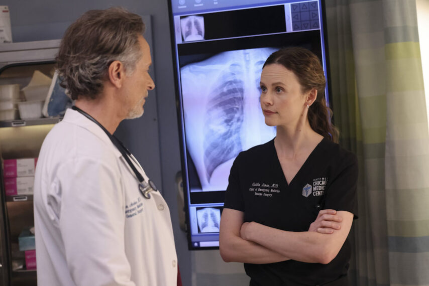 Steven Weber as Dr. Archer, Sarah Ramos as Dr. Lenox — 'Chicago Med' Season 10 Episode 13 "Take a Look in the Mirror"