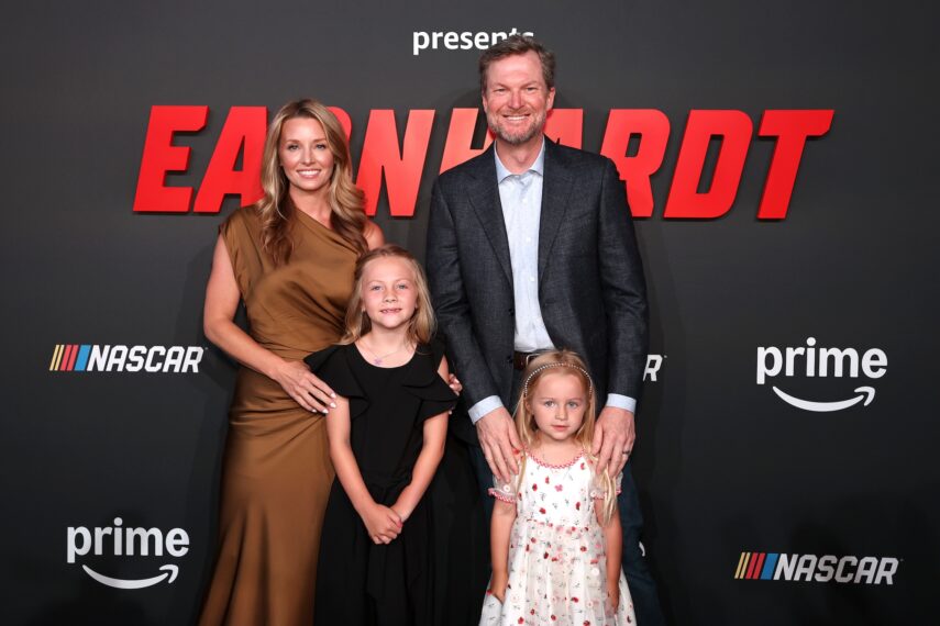 Dale Earnhardt Jr., Amy Earnhardt and daughters, Isla (L) and Nicole pose on the red carpet for the NASCAR on Prime Presents The World Premiere of Earnhardt at The Revelry on May 22, 2025 in Charlotte, North Carolina.