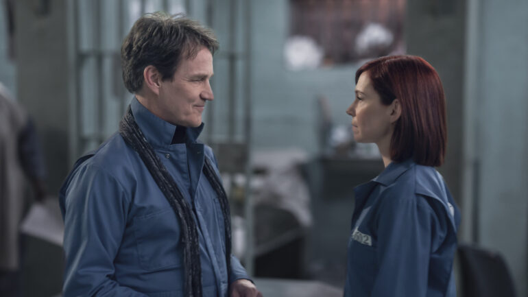 Stephen Moyer as Alex Modarian and Carrie Preston as Elsbeth Tascioni in the 'Elsbeth' Season 2 finale, 'Ramen Holiday'