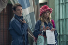 Stephen Moyer as Alex Modarian and Elizabeth Lail as Quinn Powers in the 'Elsbeth' Season 2 finale, 'Ramen Holiday'