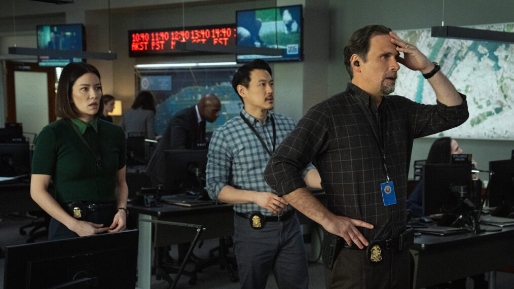 Vedette Lim as Elise Taylor, James Chen as Ian Lim, and Jeremy Sisto as Assistant Special Agent in Charge Jubal Valentine in 'FBI' Season 7 Episode 20, 'Startup'