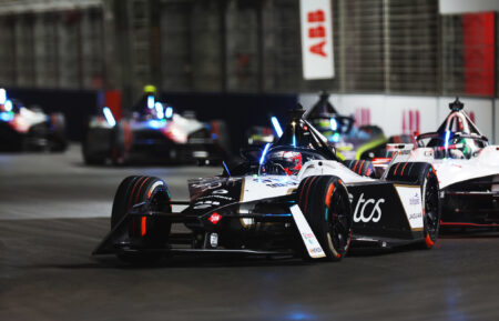 Jake Dennis leads the Diriyah ePrix II at Riyadh Street Circuit on Saturday January 27, 2024 in Riyadh, Saudi Arabia.