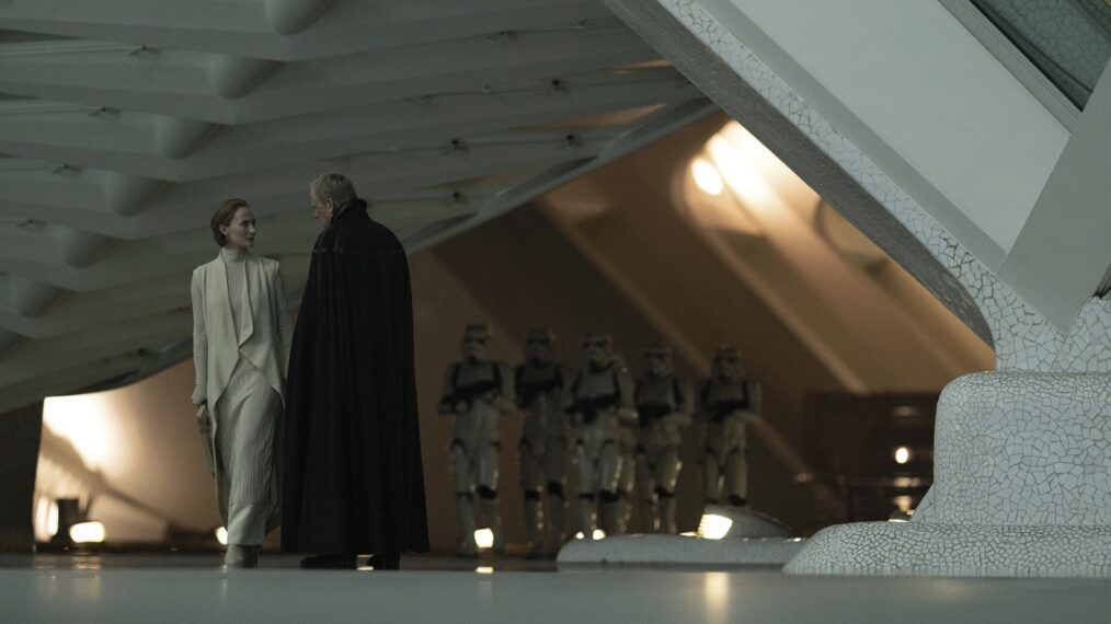 Genevieve O'Reilly and Stellan Skarsgard as Mon Mothma and Luthen Rael in Andor Season 2