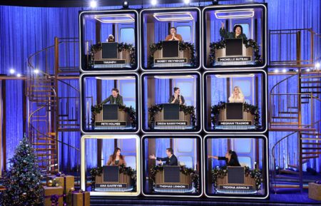 Coverage of the CBS Original Series HOLLYWOOD SQUARES, Season 2, Episode 207, scheduled to air on the CBS Television Network. Pictured: (clockwise) Triumph, Bobby Moynihan, Michelle Buteau, Meghan Trainor, Tichina Arnold, Thomas Lennon, Ana Gasteyer, Pete Holmes and Co-Host Drew Barrymore.