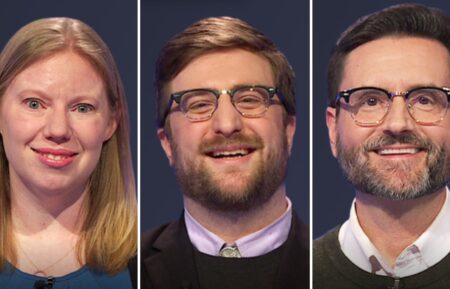 (from left) Jeopardy! players Jen Johnson, Andrew Jones, and Brandon Monsman on May 14, 2025