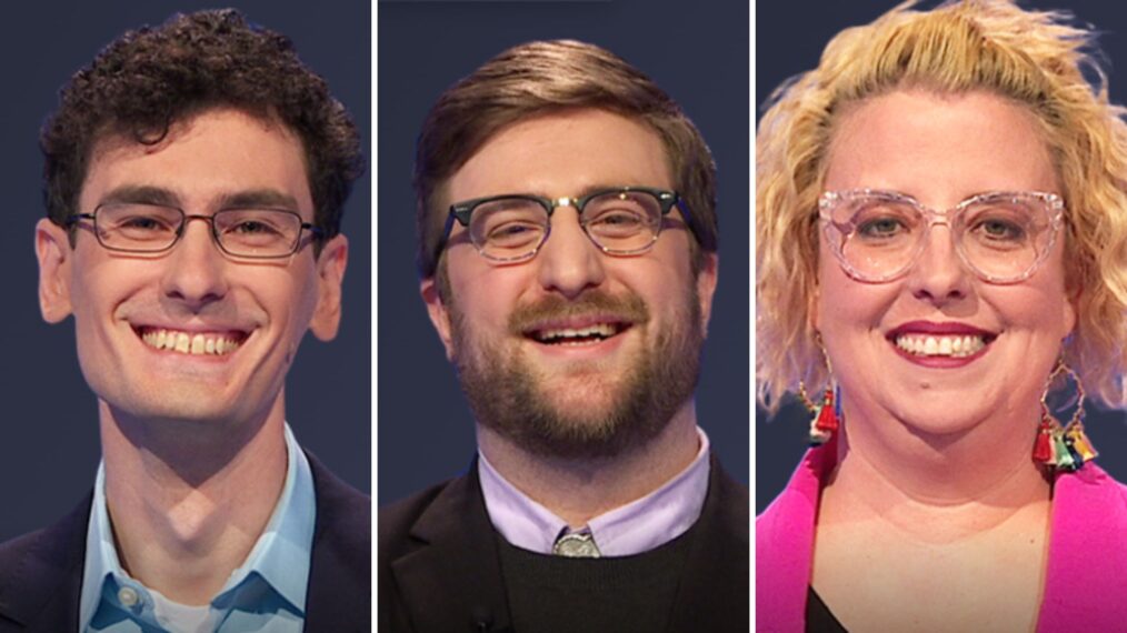 Jeopardy! contestants (from left) Andrew Dmiszewicki, Andrew Jones, and Katie Tarara on May 13, 2025