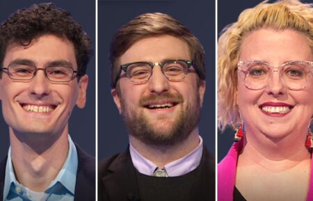 Jeopardy! contestants (from left) Andrew Dmiszewicki, Andrew Jones, and Katie Tarara on May 13, 2025