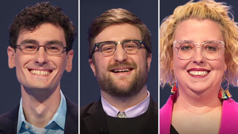 Jeopardy! contestants (from left) Andrew Dmiszewicki, Andrew Jones, and Katie Tarara on May 13, 2025