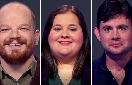 Jeopardy! players (from left) Ben Ganger, Sarah Gillis, and Keegan Olson, on Tuesday, May 6, 2025