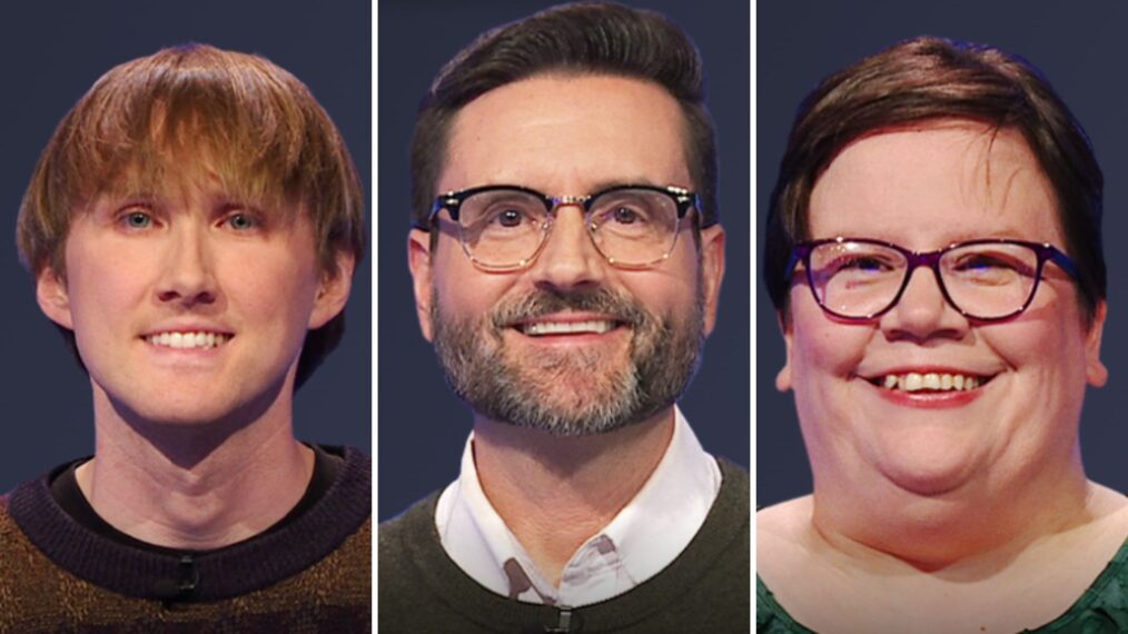 (from left) Jeopardy! players Mitch Loflin, Brandon Monsman, and Erin Hoard on May 16, 2025