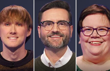(from left) Jeopardy! players Mitch Loflin, Brandon Monsman, and Erin Hoard on May 16, 2025