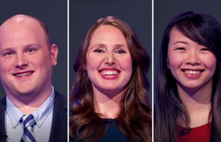 (from left) Jeopardy! players Tyler Griffith, Judith Friedman, Jackie Yang, on Tuesday, May 27, 2025