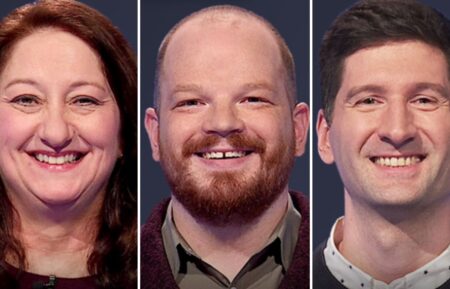 Jeopardy! players (from left) Julie Holt, Ben Ganger, and Scott Summers on May 1, 2025