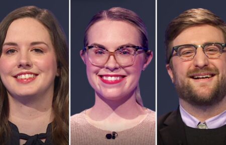 Jeopardy! contestants Rachel Hall, Kara Peruccio, and Andrew Jones on MAy 12, 2025