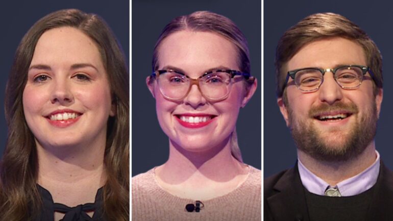 Jeopardy! contestants Rachel Hall, Kara Peruccio, and Andrew Jones on MAy 12, 2025
