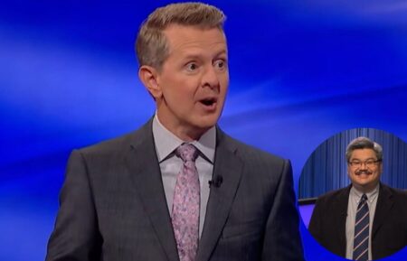 Ken Jennings on Jeopardy! (inset) former champion Luigi de Guzman