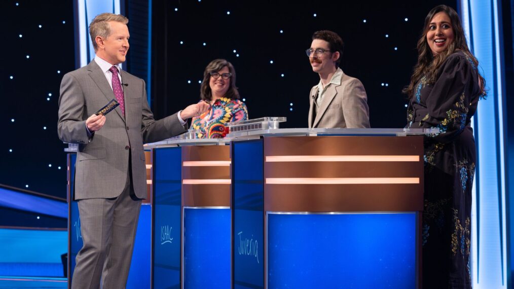 Ken Jennings with Juveria Zaheer, Isaac Hirsch, and Victoria Groce on Jeopardy! Masters