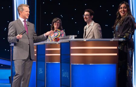 Ken Jennings with Juveria Zaheer, Isaac Hirsch, and Victoria Groce on Jeopardy! Masters