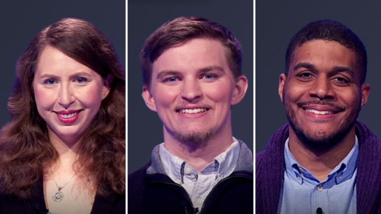 (from left) Jeopardy! players Anne LaGatta, Thomas Sweeney, and Geoff Barnes
