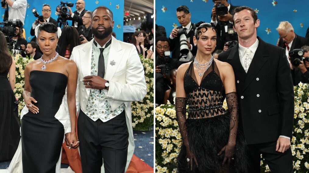 Gabrielle Union and Dwyane Wade attend the 2025 Met Gala Celebrating 'Superfine: Tailoring Black Style' at Metropolitan Museum of Art on May 05, 2025 in New York City; Dua Lipa and Callum Turner attend the 2025 Met Gala Celebrating 'Superfine: Tailoring Black Style' at Metropolitan Museum of Art on May 05, 2025 in New York City.