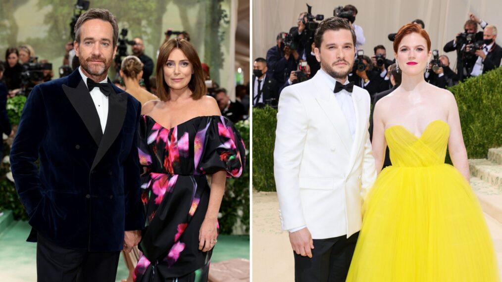 Matthew Macfadyen and Keeley Hawes attend The 2024 Met Gala Celebrating 'Sleeping Beauties: Reawakening Fashion' at The Metropolitan Museum of Art on May 06, 2024 in New York City; Kit Harington and Rose Leslie attend The 2021 Met Gala Celebrating In America: A Lexicon Of Fashion at Metropolitan Museum of Art on September 13, 2021 in New York City.