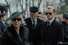 Helen Mirren as Maeve Harrigan, Pierce Brosnan as Conrad Harrigan, and Anson Boon as Eddie Harrigan in 'MobLand' Season 1 Episode 5, 'Funeral for a Friend'