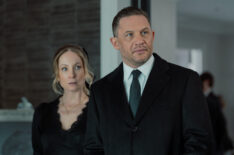 Joanne Froggatt as Jan Da Souza and Tom Hardy as Harry Da Souza in 'MobLand' Season 1 Episode 5, 'Funeral for a Friend'