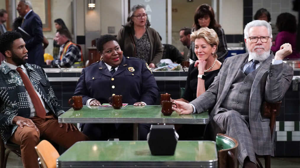 Nyambi Nyambi as Wyatt, Lacretta as Gurgs, Wendie Malick as Julianne Walters, John Larroquette as Dan Fielding in 'Night Court' Season 3 finale