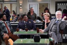 Nyambi Nyambi as Wyatt, Lacretta as Gurgs, Wendie Malick as Julianne Walters, John Larroquette as Dan Fielding in 'Night Court' Season 3 finale