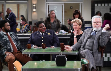 Nyambi Nyambi as Wyatt, Lacretta as Gurgs, Wendie Malick as Julianne Walters, John Larroquette as Dan Fielding in 'Night Court' Season 3 finale