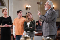 Wendie Malick as Julianne Walters, Charlie Korman as Batman, Raegan Revord as Sylvia Plath, John Larroquette as Dan Fielding in Night Court - Season 3