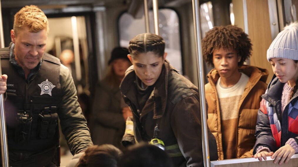 Patrick John Flueger as Officer Adam Ruzek, Miranda Rae Mayo as Lt. Stella Kidd — One Chicago Crossover 2025