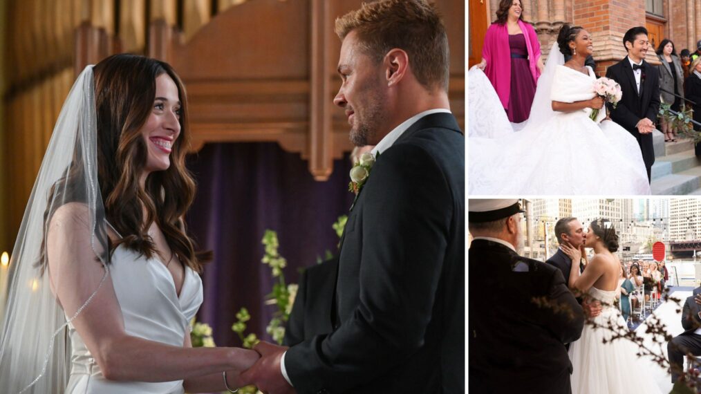 Marina Squerciati and Patrick John Flueger on 'Chicago P.D.'; Brian Tee and Yaya Dacosta on 'Chicago Med'; Miranda Rae Mayo and Taylor Kinney on 'Chicago Fire'