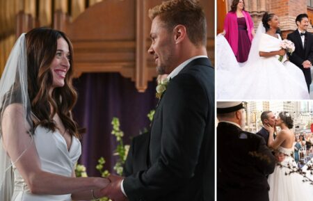 Marina Squerciati and Patrick John Flueger on 'Chicago P.D.'; Brian Tee and Yaya Dacosta on 'Chicago Med'; Miranda Rae Mayo and Taylor Kinney on 'Chicago Fire'