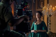 Caitriona Balfe behind the scenes filming 'Outlander's Season 2 episode, 'Faith'
