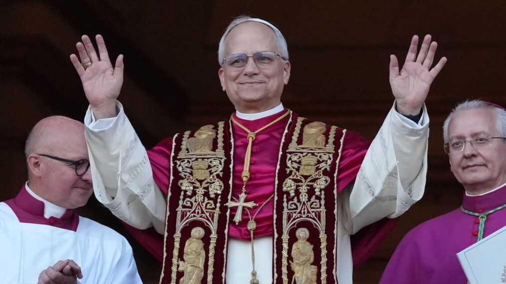 The newly elected Pontiff, Pope Leo XIV is seen for the first time from the Vatican balcony on May 8, 2025 in Vatican City, Vatican.