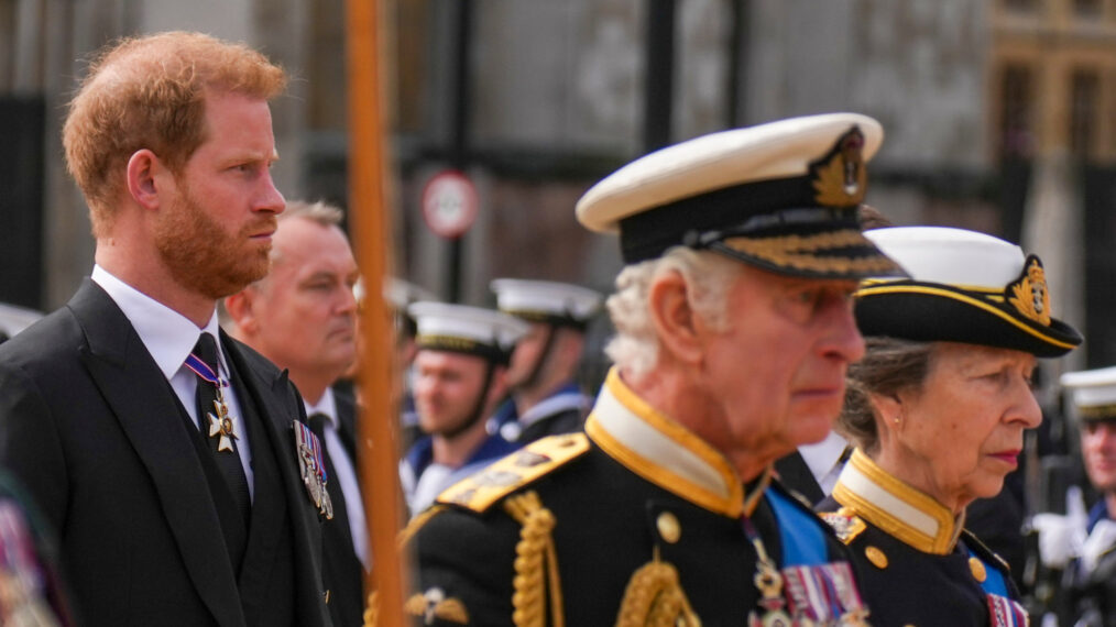 Prince Harry, King Charles III, and Princess Anne at Queen Elizabeth II's funeral procession in London on September 19, 2022