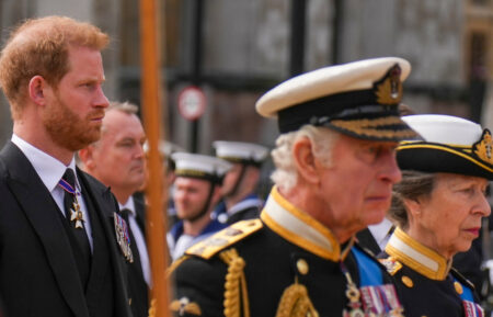 Prince Harry, King Charles III, and Princess Anne at Queen Elizabeth II's funeral procession in London on September 19, 2022