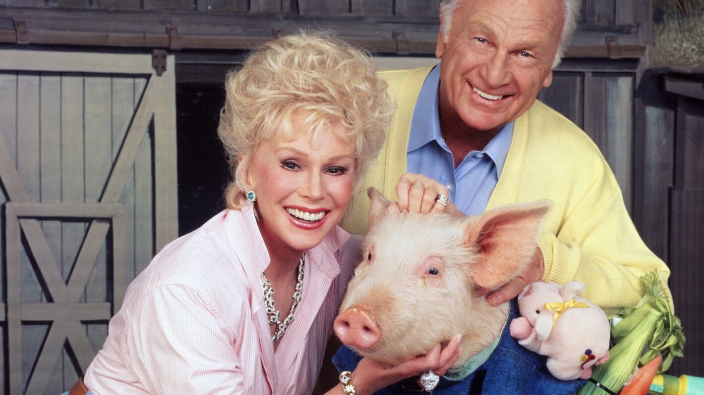 Eva Gabor and Eddie Albert with pig in 'Return to Green Acres'