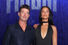 Robin Thicke and April Love Geary attend Fiuggi for One drop in Cannes at Palm Beach on May 20, 2025 in Cannes, France.