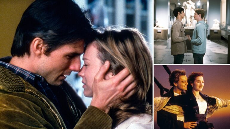 Tom Cruise and Renee Zellweger in 'Jerry Maguire,' Taylor Zakhar Perez and Nicholas Galitzine in 'Red, White & Royal Blue,' Leonardio DiCaprio and Kate Winslet in 'Titanic'