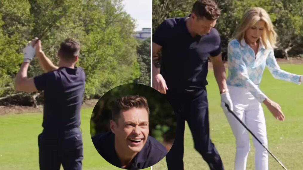 Vanna White giving Ryan Seacrest his first golfing lesson
