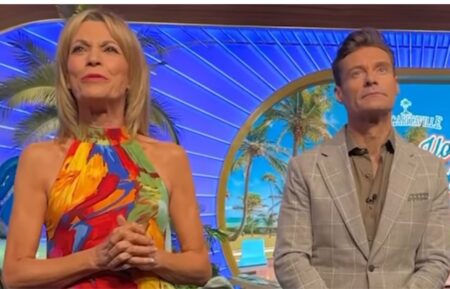 Vanna White and Ryan Seacrest taking fan questions on the set of Wheel of Fortune