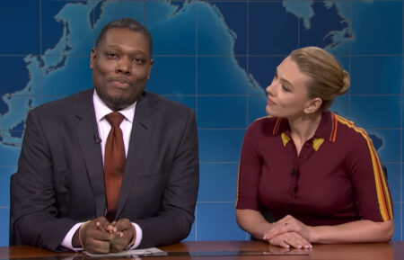 Michael Che and Scarlet Johansson in the May 17, 2025, episode of 'Saturday Night Live'