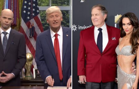 Mikey Day as Stephen Miller and James Austin Johnson as Donald Trump in the May 3, 2025, episode of 'Saturday Night Live,' Bill Belichick and Jordon Hudson