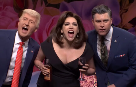 James Austin Johnson as Donald Trump, Cecily Strong as Jeanine Pirro, and Colin Jost as Pete Hegseth in 'Saturday Night Live' on May 10, 2025
