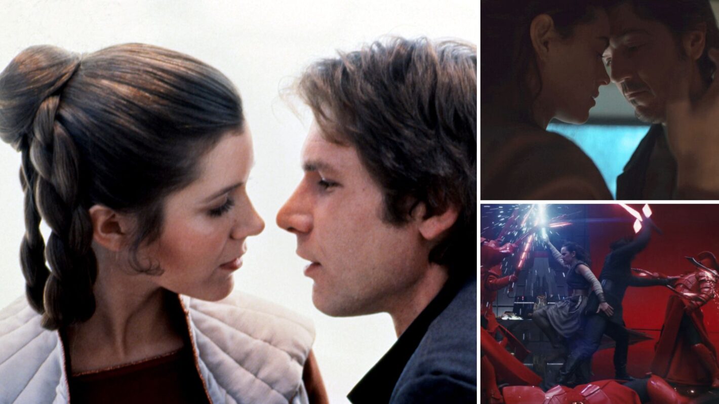 Carrie Fisher and Harrison Ford in 'STAR WARS: EPISODE V - THE EMPIRE STRIKES BACK'; Adria Arjona and Diego Luna in 'Andor'; Daisy Ridley and Adam Driver in 'Star Wars: The Last Jedi'