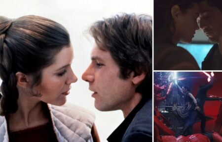 Carrie Fisher and Harrison Ford in 'STAR WARS: EPISODE V - THE EMPIRE STRIKES BACK'; Adria Arjona and Diego Luna in 'Andor'; Daisy Ridley and Adam Driver in 'Star Wars: The Last Jedi'